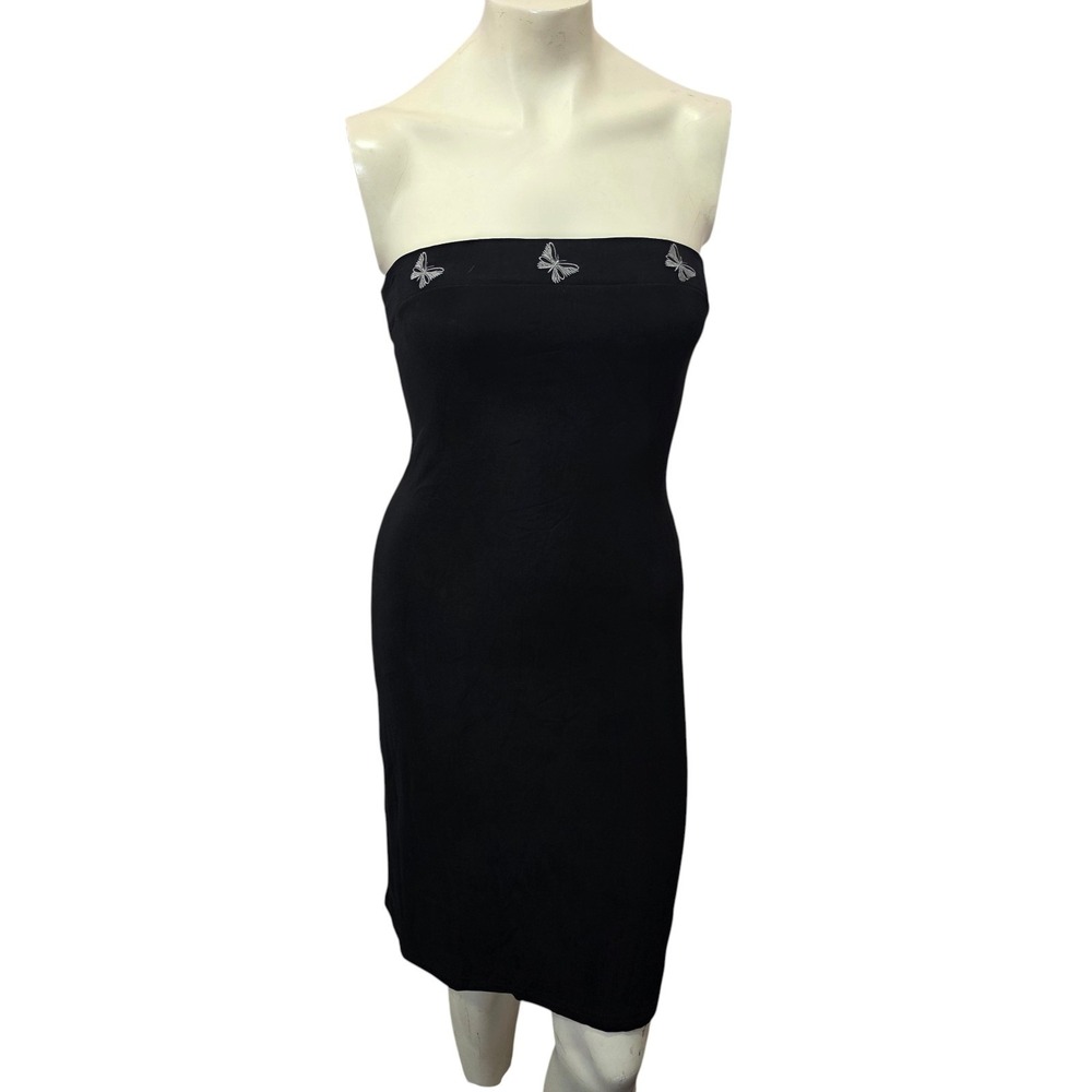 Vintage Genevieve Black Strapless Dress M Butterfly Embroidered Y2K Bodycon Midi